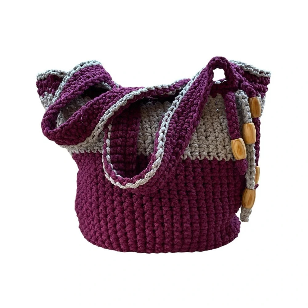 Handmade Crochet Tote Shoulder Bag Crafted Purse Macrame Cord Gray Purple New